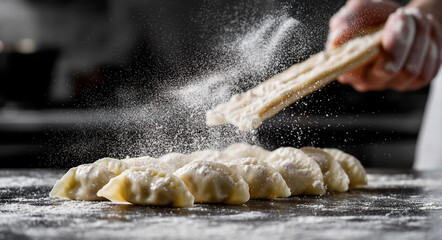 Wontons scattered on the table, with flour dusted around them. The background is dark gray and black, creating an atmosphere of joy for Chinese New Year's Eve dinner