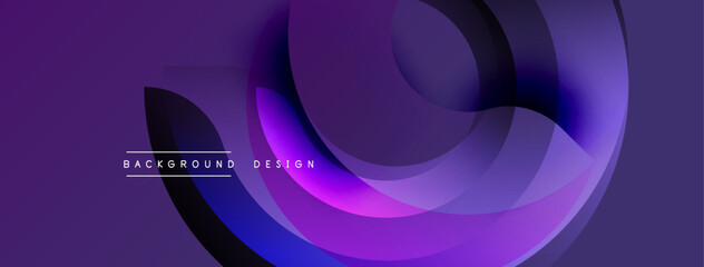 Abstract purple design features flowing shapes, gradients. Modern background with dynamic curves, text elements present.