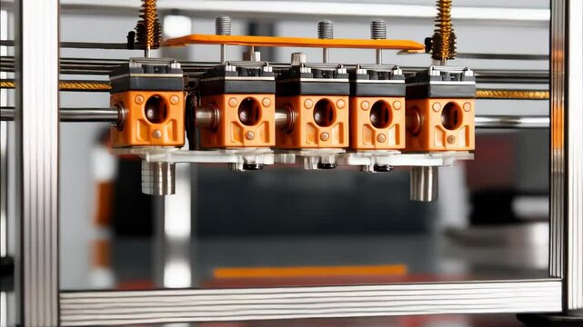 Close up of four orange nozzles and metal components of an industrial multi-material 3D printer head for manufacturing.