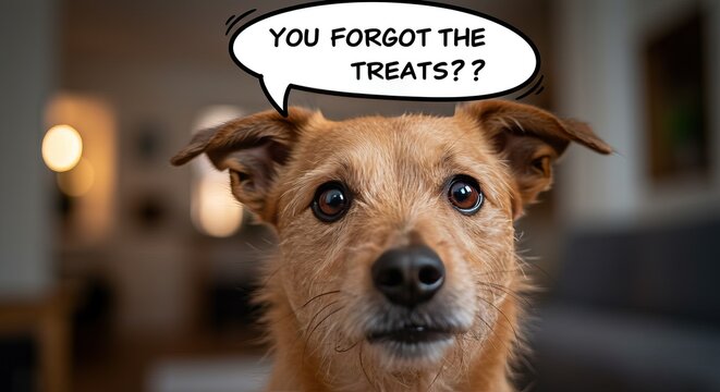 Surprised dog with text bubble "you forgot the treats" in living room setting