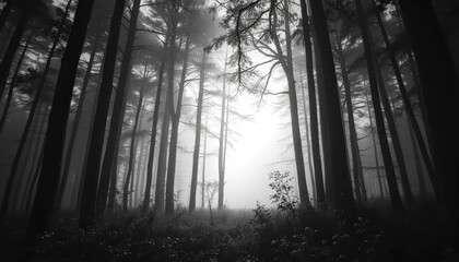 Ethereal forest clearing with dense trees