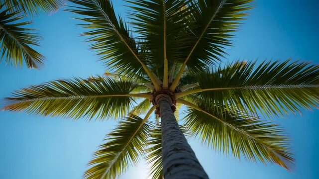 Underside of the coconuts tree with clear sky and shiny sun