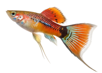 Exotic Guppy's Aquatic Dance: A close-up, eye-level view reveals the graceful movement of an elegant guppy, its colorful fins and scales shimmering against the backdrop of its underwater world.