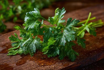 Fototapeta premium Fresh green parsley on rustic wooden board glistening with water droplets.