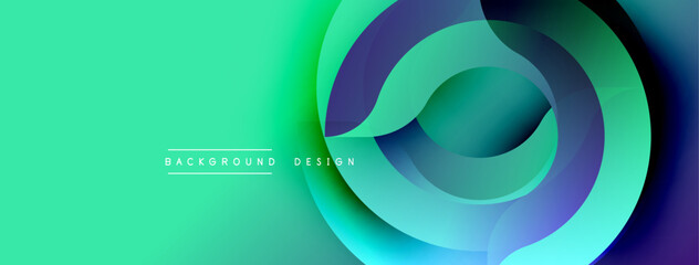 Abstract gradients form layered circles. Teal, purple, turquoise hues blend smoothly. Modern design element for backgrounds, presentations.