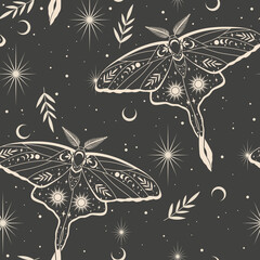 Vector seamless pattern with moon moth and stars. Contemporary composition. Trendy texture for print, textile, packaging.