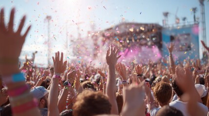 Excited festival crowd with hands raised and confetti flying in the air at outdoor concert. Music celebration. Energetic atmosphere during live performance under sunlight