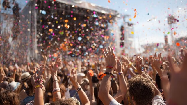 Large crowd with raised hands celebrating under falling confetti at outdoor music festival. Joyful atmosphere. Live concert energy and summer event in bright daylight