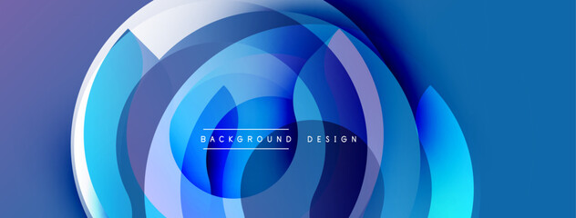 Abstract blue layers create dynamic circular design. Gradient shades suggest depth, modern aesthetic. Minimal text present.