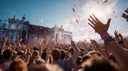 Energetic crowd enjoying outdoor music festival with hands raised and confetti in sunlight. Celebration. Live concert atmosphere filled with excitement, fun, and performance
