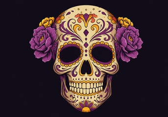 Fototapeta premium Decorated sugar skull with purple and yellow flowers on a dark background illustration art
