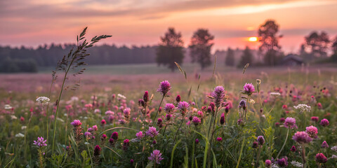 Naklejka premium Summer wildflower field with morning light and pink blossoms