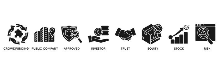 Ipo icon set vector illustration concept relate to initial public offering with icon of crowdfunding, public company, approved, investor, trust, equity, stock and risk