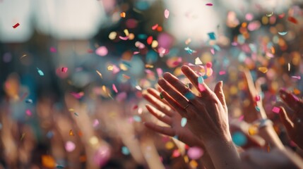 Hands clapping and reaching through colorful confetti in the air at outdoor celebration. Festival joy. Energetic crowd enjoying music event in bright daylight atmosphere