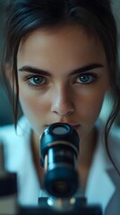 Close-up portrait of a young woman examining a microscope.