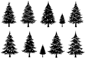 Obraz premium Ten black and white christmas trees decorated with ornaments and lights in a vector illustration