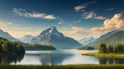Fototapeta premium Collage of beautiful landscape with mountains forest and river in summer