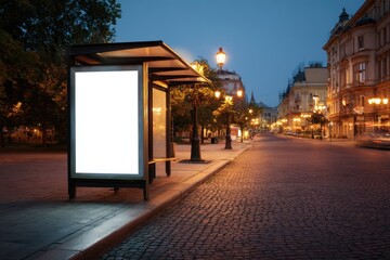 Blank vertical billboard at a quiet bus stop on a cobblestone street. Surrounded by warm streetlights and historic buildings. Ideal for elegant outdoor ad displays.