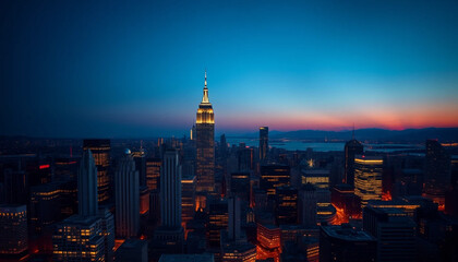 Naklejka premium Aerial shot of downtown skyline at dusk, illuminated skyscrapers casting long shadows, cool-to-warm color contrast and deep focus capturing full architectural details