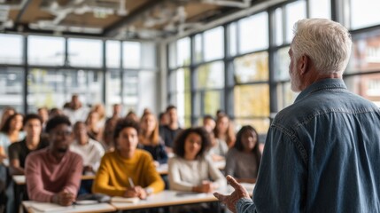 Obraz premium Elderly male professor speaking to diverse group of university students in bright classroom. Higher education. Academic lecture and knowledge sharing in modern learning space
