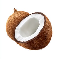Halved coconut and whole fruit on white background