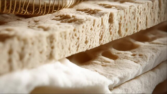 Close-up layering of porous materials including foams, netting, and sponge, showing textures and interconnecting chambers in layers, off white to beige.