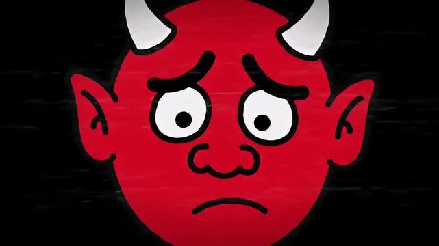 Devil Cartoon Face with Horns and Confused Expression on Red Canvas