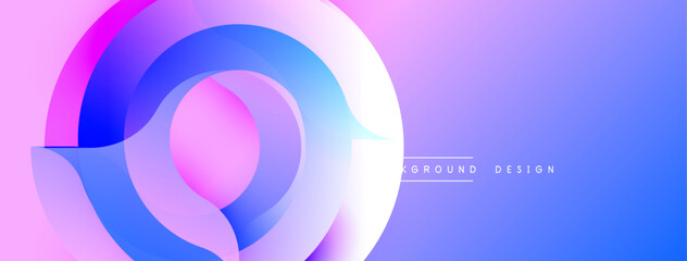Abstract design features layered circles, vibrant pinks, blues, purples. Gradient background creates modern visual effect.