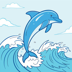 Fototapeta premium Bright Blue Dolphin Leaping from Ocean 