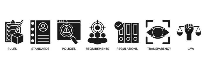Observance icon set vector illustration concept relate to rules, standards, policies, requirements, regulations, transparency, and law