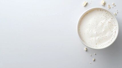 Clean White Bowl with Creamy Texture and Crumbs on White Background, Top View bowl creamy texture ai