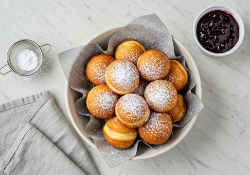 A bowl of golden-brown, powdered sugar-dusted aebleskivers, a classic Danish dessert.