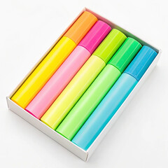 Fototapeta premium Assorted fluorescent highlighters in box