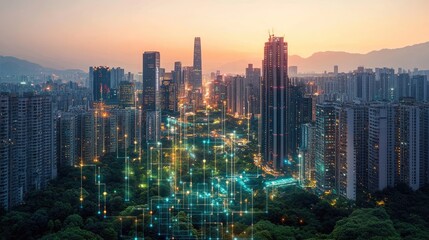 Obraz premium Urban Connectivity: A futuristic cityscape interwoven with digital infrastructure