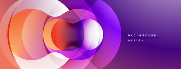 Abstract circles overlap, creating vibrant gradients. Purple, orange hues dominate design. Modern, dynamic visual composition.