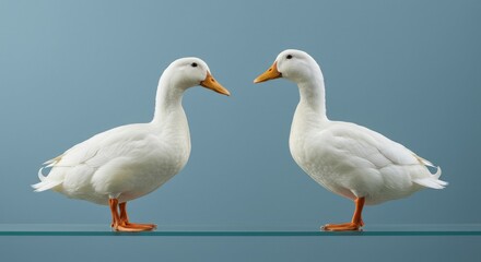 Obraz premium Two white ducks facing each other on a glass surface.