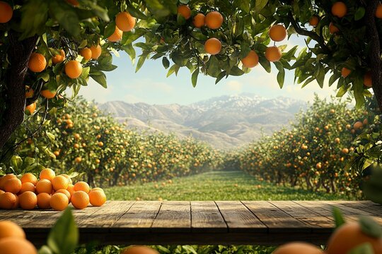 Beautiful blurred background of an orange orchard with lush trees and twisted branches full of oranges, with an empty wooden table in the foreground for product presentation, a blurred green meadow 