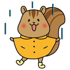 合羽を着て雨を喜ぶリス