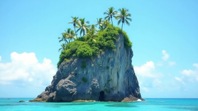 Tropical rock island against blue sky and sea