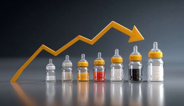 Baby bottles with declining arrow symbolizing decrease.