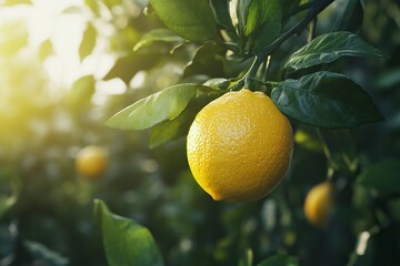 Bergamot fruit on a tree with green leaves in the background of a garden, a concept of nature and healthy food, with copy space for the text word Experience. Commercial photo of ultra-realistic, high-