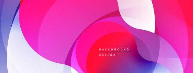 Abstract fluid shapes overlap, creating vibrant pinks, purples, reds, whites. Modern design evokes movement, energy.