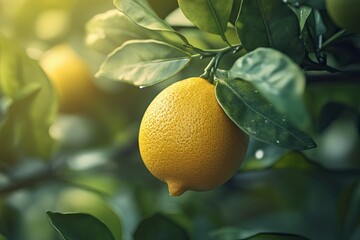 Bergamot fruit on a tree with green leaves in the background of a garden, a concept of nature and healthy food, with copy space for the text word Experience. Commercial photo of ultra-realistic, high-