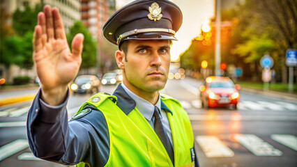Traffic policeman holding hand up to stop vehicles on a busy urban street