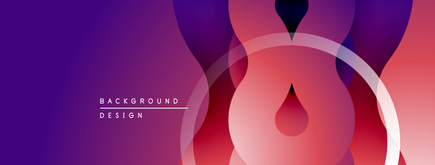 Abstract gradients, overlapping shapes create dynamic visual. Purple, red hues dominate composition. Modern design element.