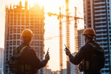 Construction workers communicating at sunset near a building site with cranes in the background