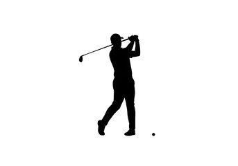 Silhouette of golfer in mid swing with ball on the ground and white background in a studio shot