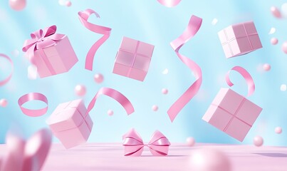 Fototapeta premium Floating pink gift boxes and ribbons against a light blue background.