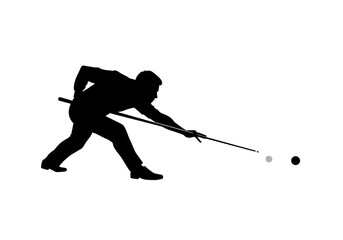 Fototapeta premium A silhouette of a man playing pool, aiming the cue ball at a black ball on a white background space