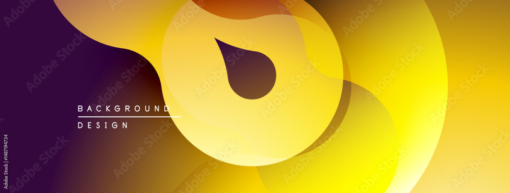 Poster abstract fluid shapes, warm yellow hues blend into purple. modern design, smooth gradients create dy